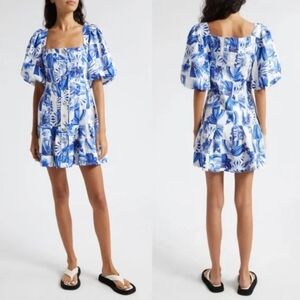 Farm Rio Garden Tiles Button Front Linen Blend Mini Dress Off White Floral NWT
